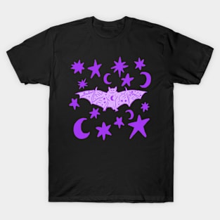 Cute Vampire Bat with Moons and Stars, Purple T-Shirt